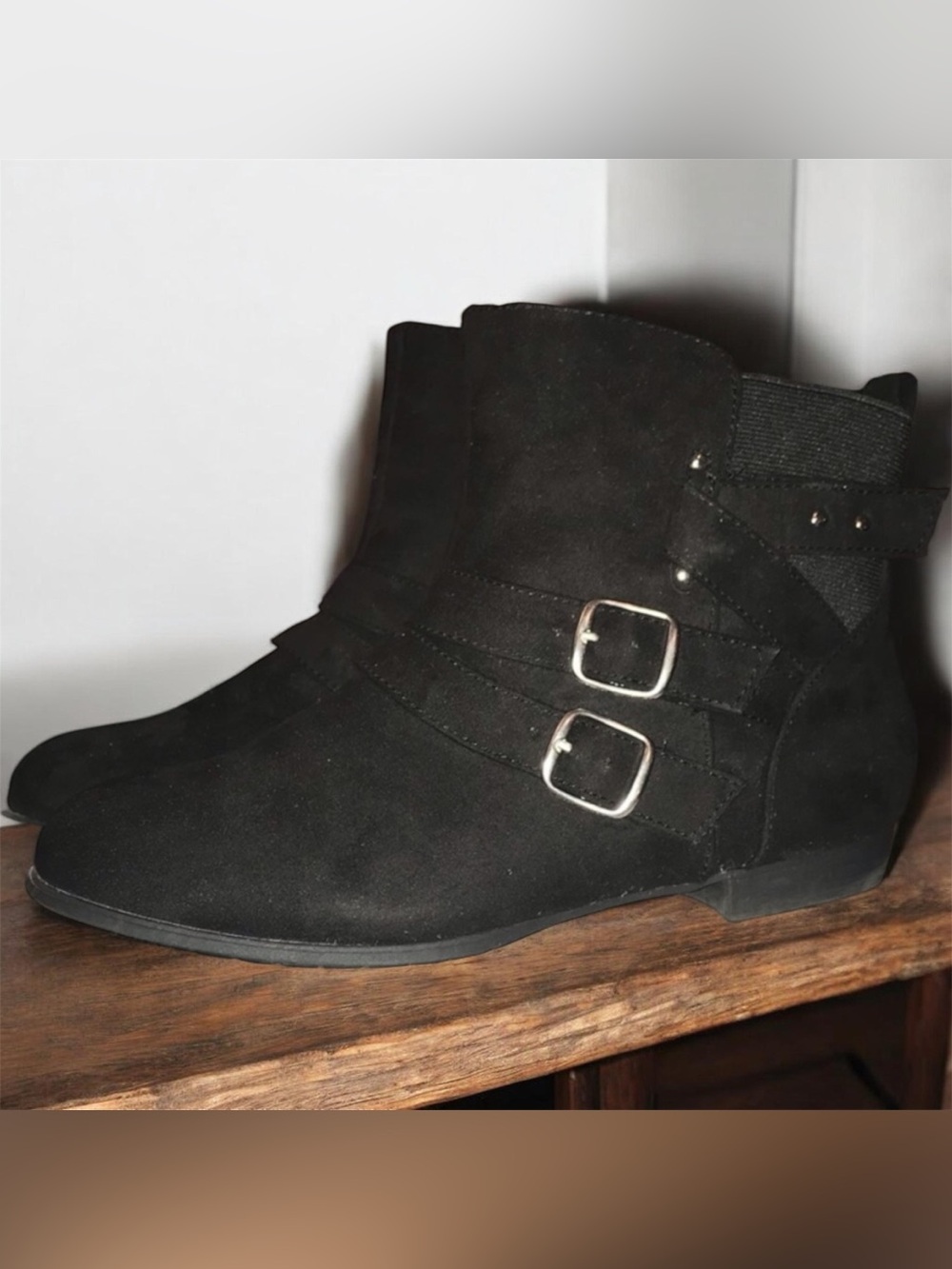Mari A. Black Faux Suede Double Buckle Ankle Boots EUC Size 8M